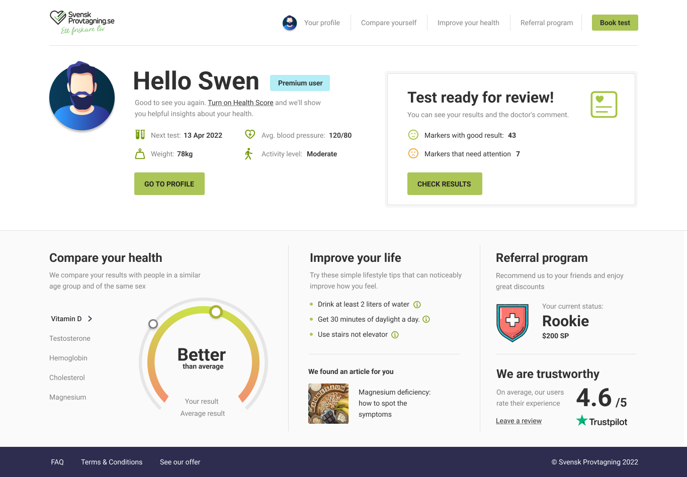 Post-login home screen with Health Score