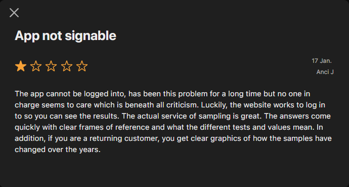 One-star App Store review naming reference ranges, plain-language explanations and multi-year history