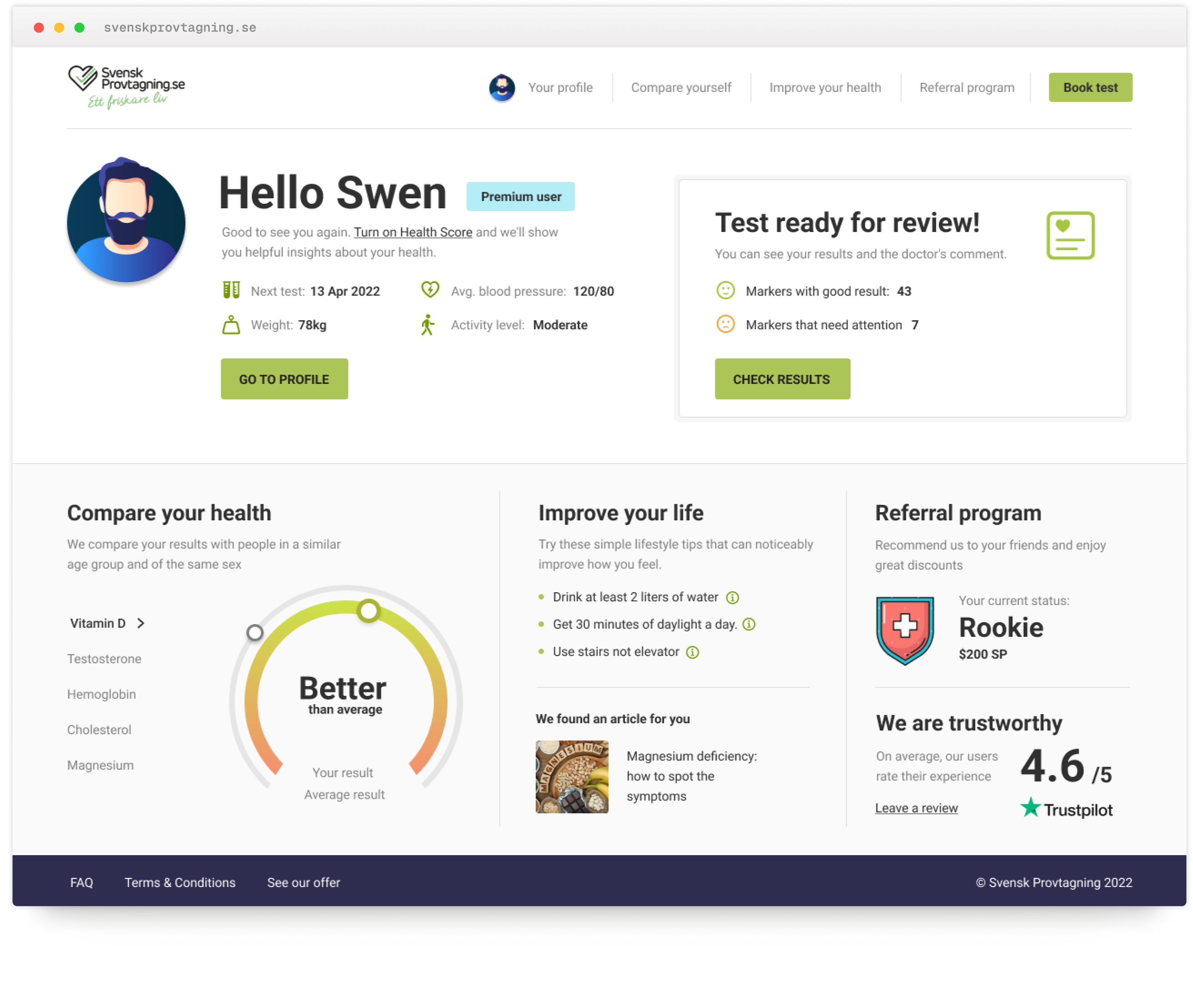 Svensk Provtagning - post-login home with Health Score, health tips and Trustpilot social proof