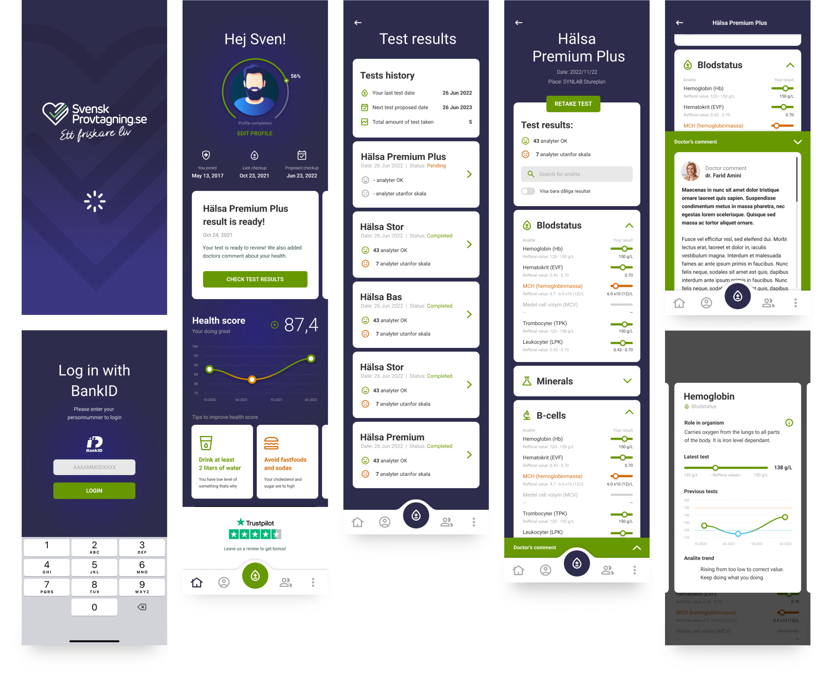 Svensk Provtagning native app for iOS and Android - BankID login, health score, test results, and doctor's comment