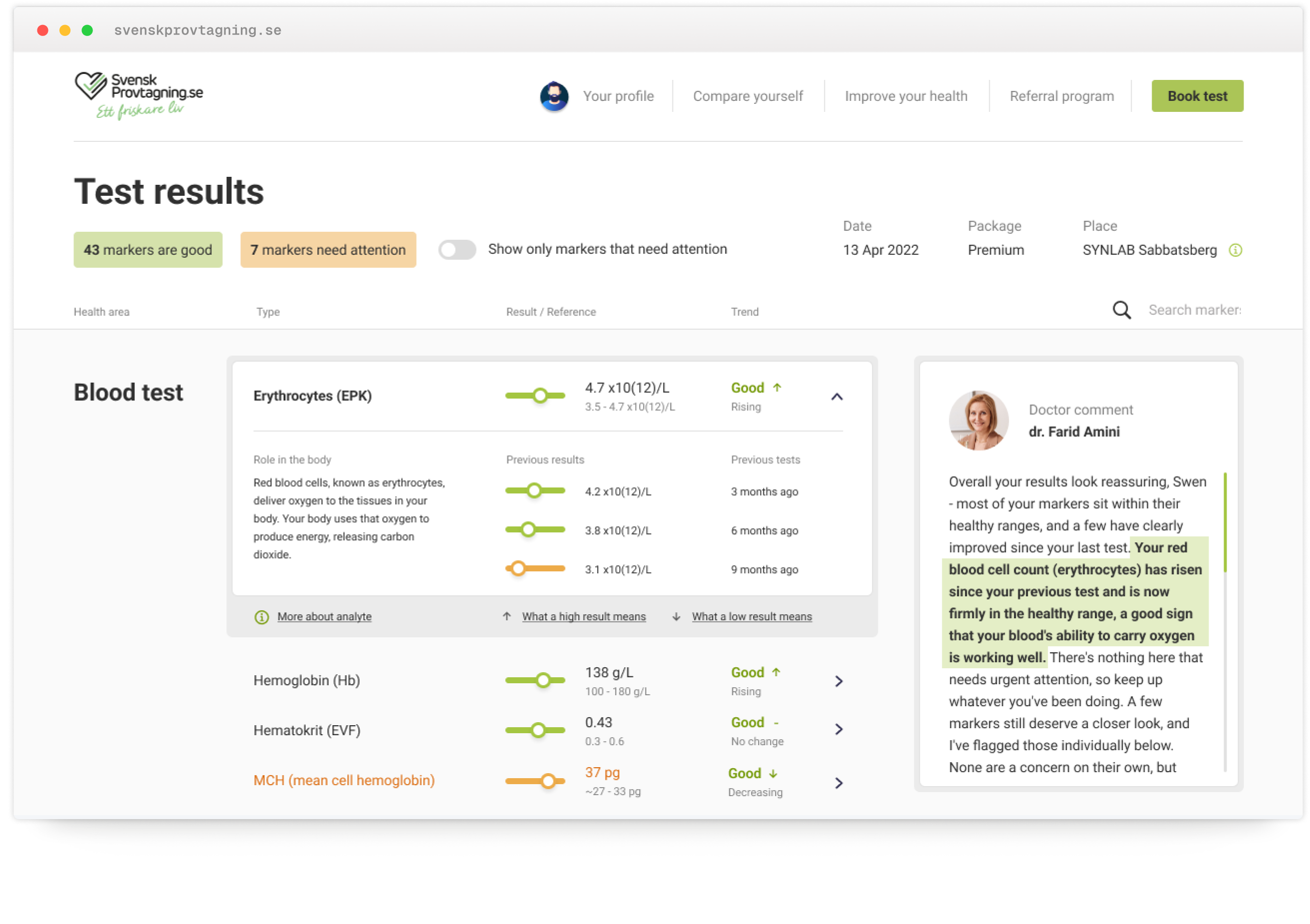 Svensk Provtagning - redesigned test results view with color-coded markers, history and a doctor's comment